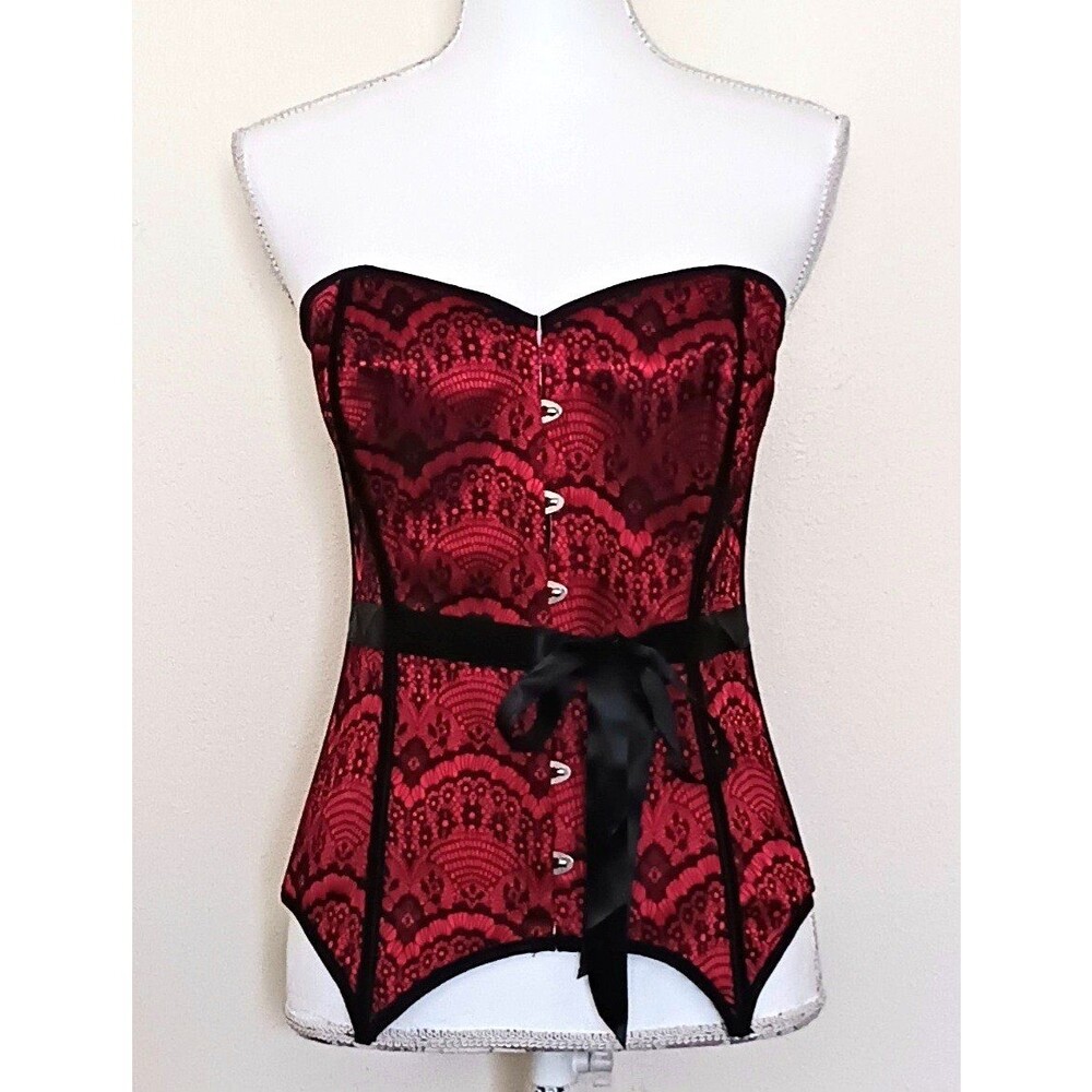 NWT Adore Me Corset Red Satin w Black Lace Blk Ribbon Tie Sz 1X